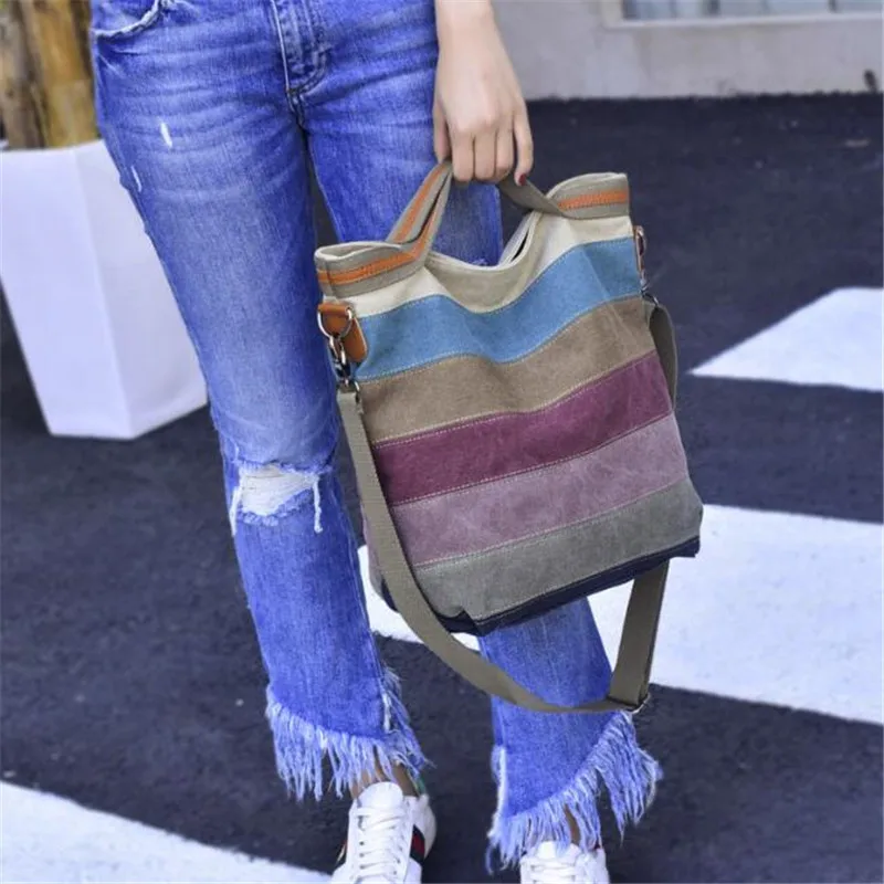 

Fashion Canvas Bag Brand Women Handbag Patchwork Casual Women Shoulder Bags Female Messenger Bag Ladies Rainbow Purse Pouch