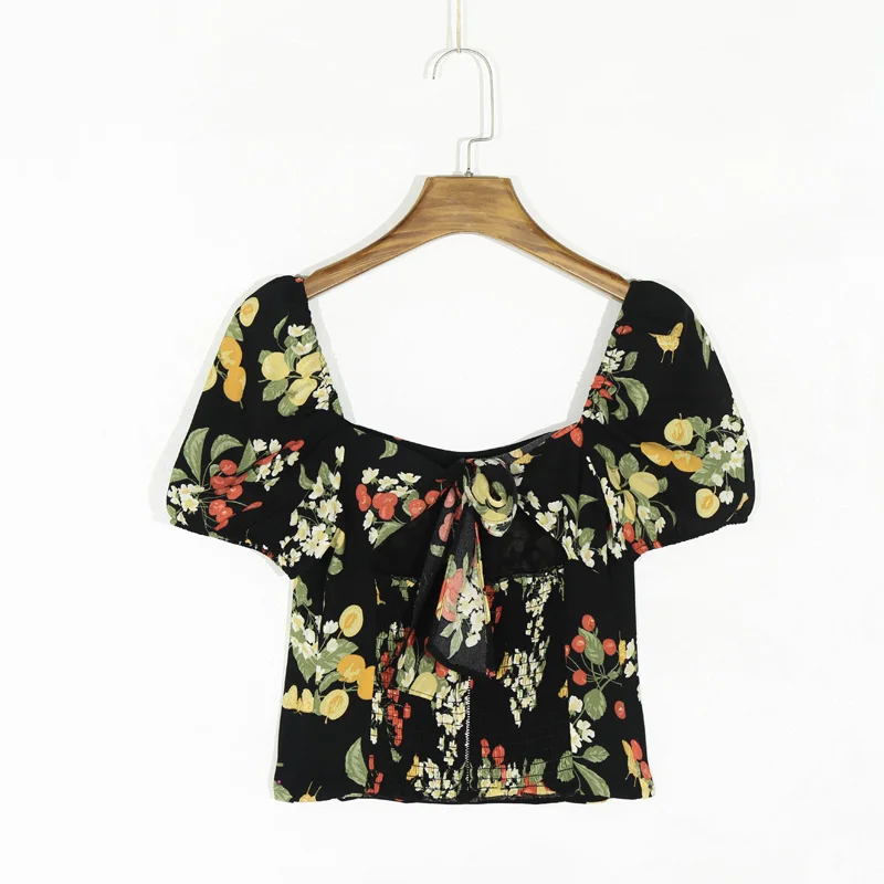

Summer women's casual flower print bow-knot decoration slim fit shirt