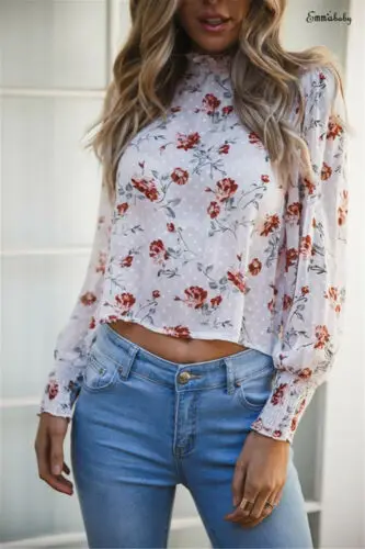 

Women's Sheer Mesh Crop Top Floral Long Sleeve Crew Neck Stretchy Shirt Blouse Sweet Holiday Floral Blouse