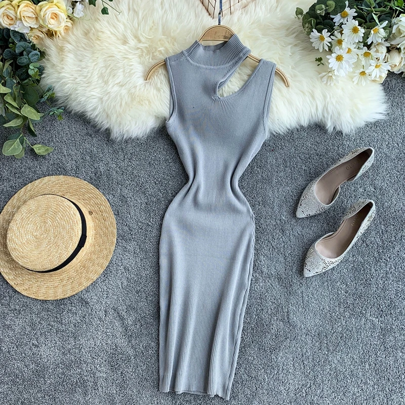 

Autumn Fashion Big Size Women Sexy Package Hip Knitted Dress Elegant Lady Sleeveless Knitting Sweater Dresses Bottomings WZ905