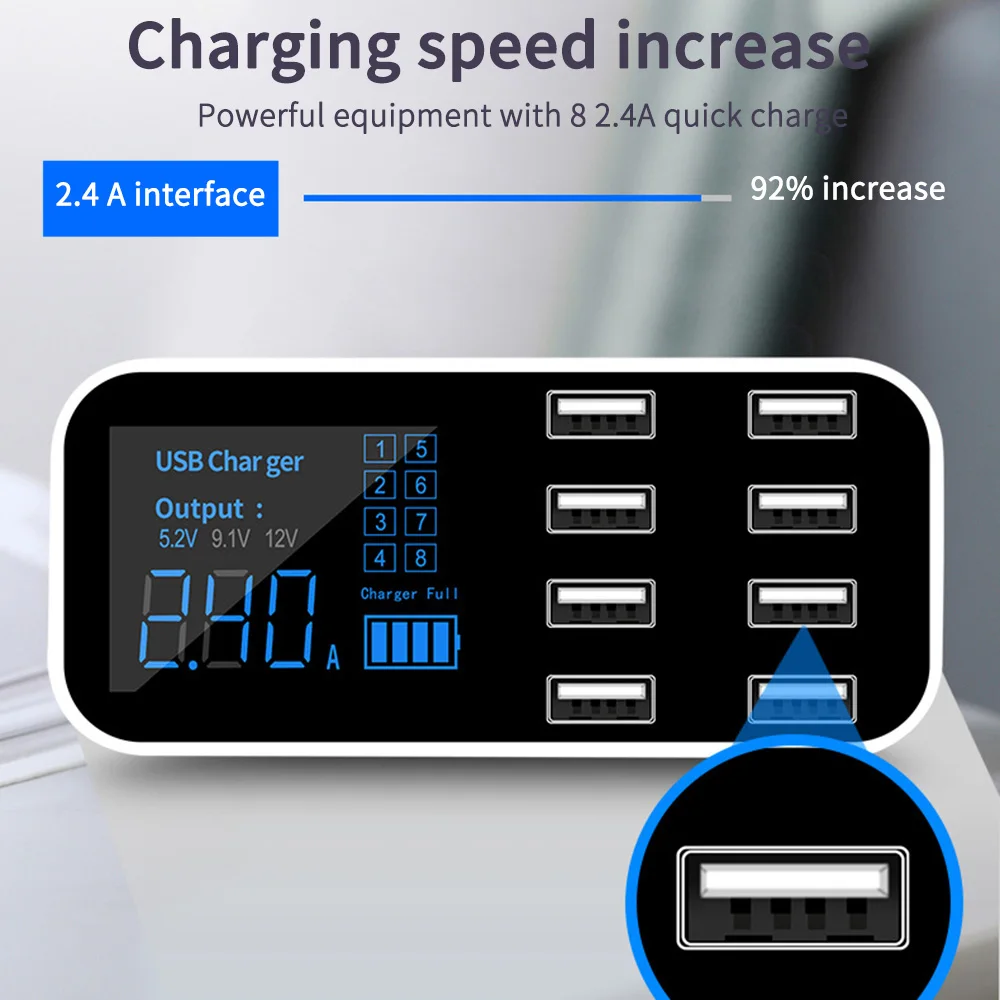 Мульти 8 портов USB быстрое автомобильное зарядное устройство с ЖК дисплеем