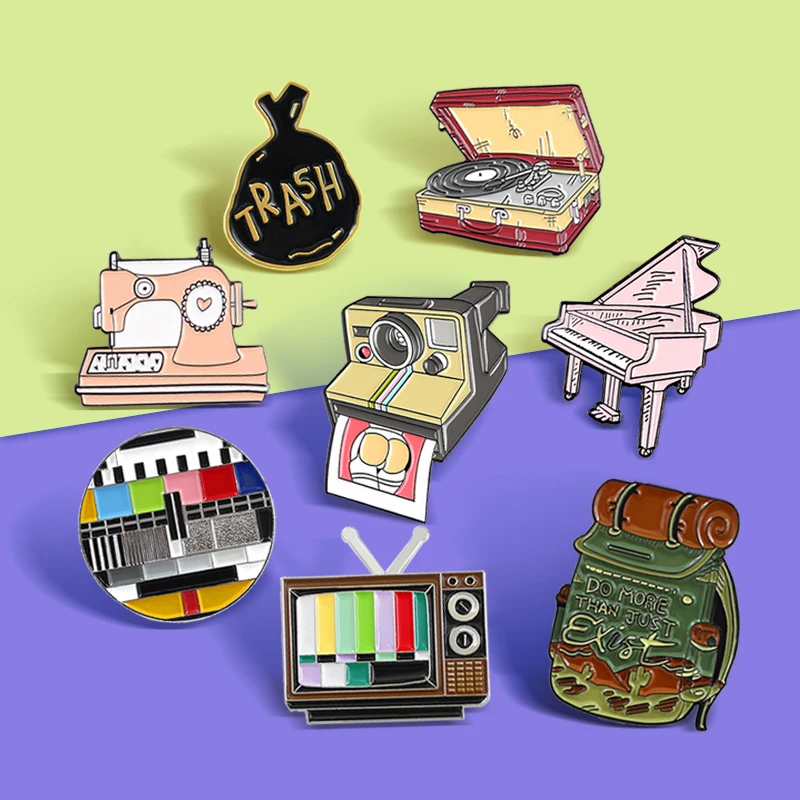 

Brooch Piano Sewing Machine Cokey Dog Skate Lamian Noodle Music Box Trash Camera Travelling Backpack Television TV Enamel Pins