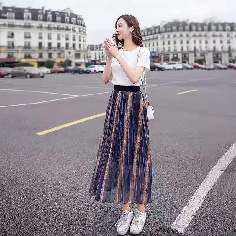 Flectit Pleated Iridescent Long Skirt Metallic Striped Elasticated Waist Flowy Sheer Women 2019 New Fashion Outfits * | Женская одежда
