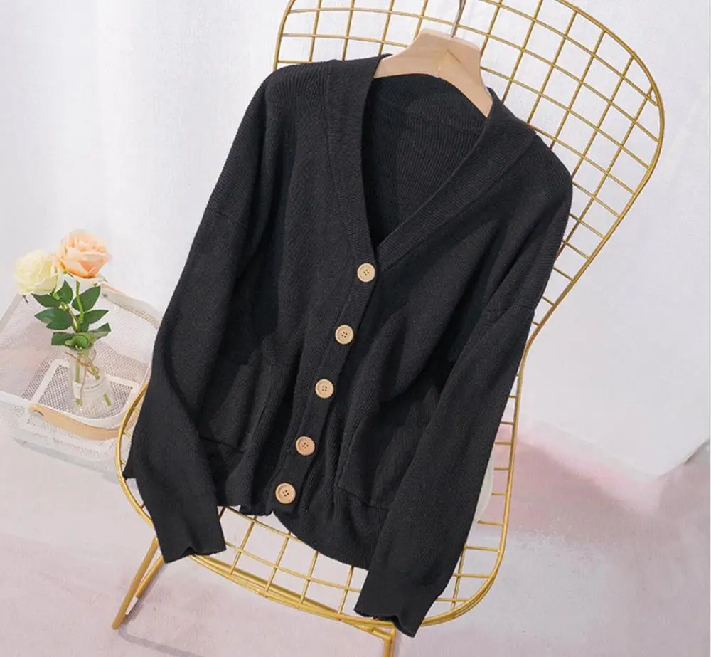 2019 women's actumn v-neck cardigan thick loose sweater causal pocket single breasted cardgians for female's |