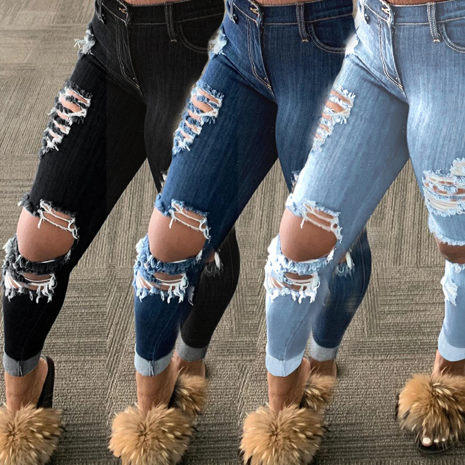 Autumn Fashion Women‘s Slim Fit Jeans Solid Color Ripped Hole Tassel Stretch Mid-waist Denim Pencil Long Pants Trousers | Женская