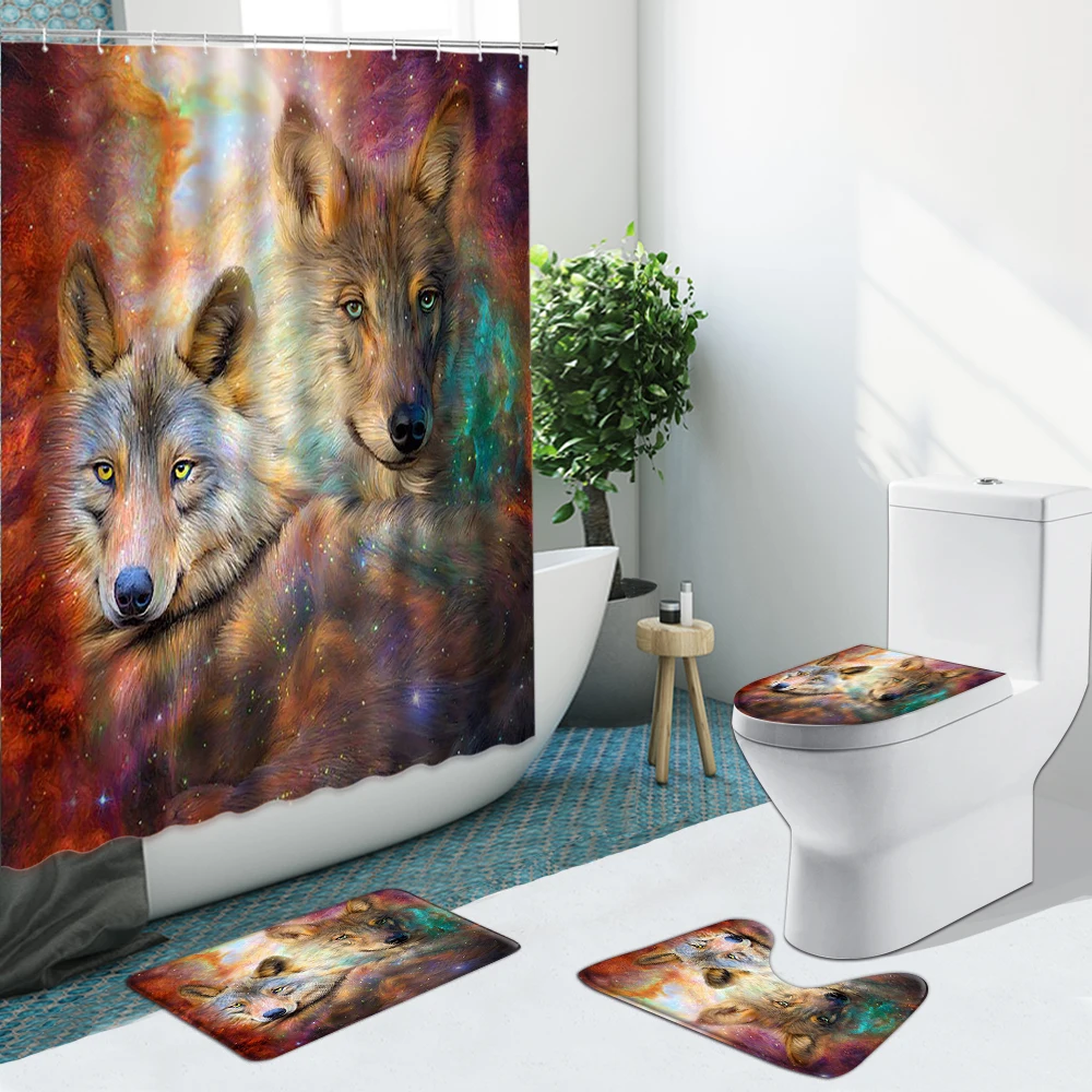 

Набор из занавески для ванной комнаты с изображением животных волка звездного неба собаки, тканевые Нескользящие коврики с крючками, флане...