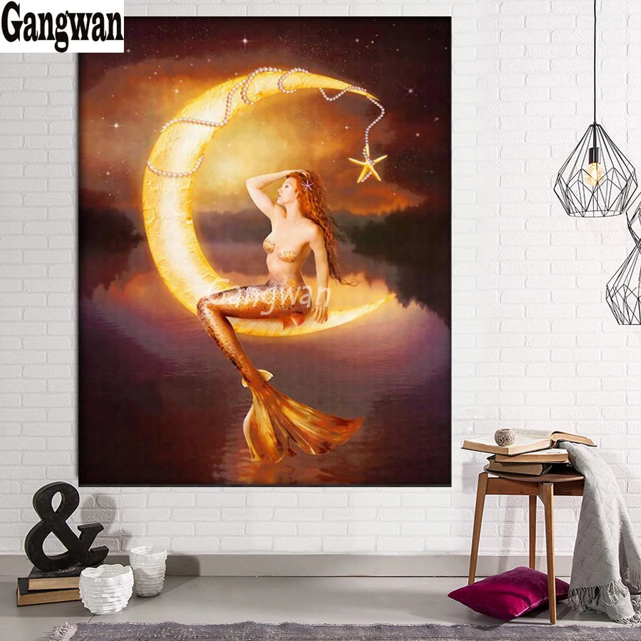 

Алмазная мозаика «сделай сам», фото на заказ, узор русалки, луна, вышивка, картина, полная выкладка, квадратная, круглая, каменная вышивка кре...