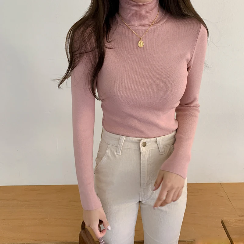 Пуловер однотонные винтажные жилеты Осень-зима свитер водолазка Женский вязаный