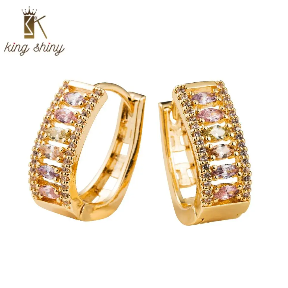 

Korean Huggie Copper Hoop Earring for Lady Luxury Gold Color Rainbow Color Cubic Zirconia Statement Hoop Earring Wedding Jewelry