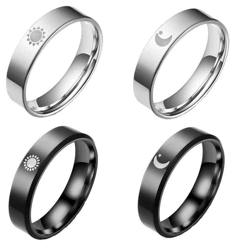 

AsJerlya Simple Moon Sun Couple Rings for Lover's Black Stainless Steel Women Men Wedding Ring Valentine's Day Gifts