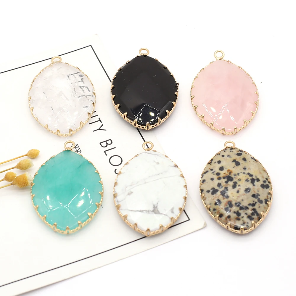 

Natural Stone Pendant Oval Gold Lace Faceted Quartz Charms For Jewelry DIY Necklace Bracelet Earring Accessories Making 25x40mm