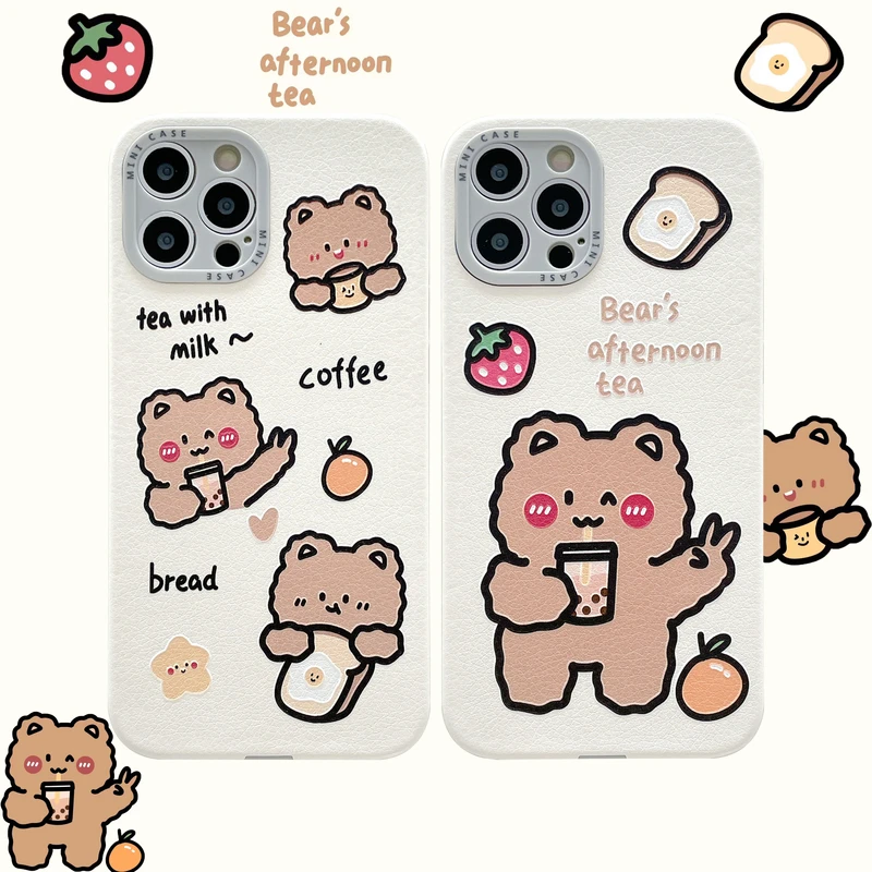 

Cute Cartoon Animal Strawberry Bear Korean Phone Case For iPhone 12 11 Pro Max X Xs Max Xr 7 8 Puls Cases Soft leather Cover