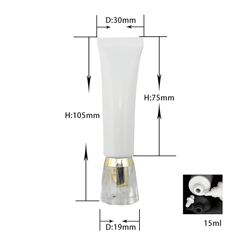 

Тюбик косметический пластик белый с золотой/серебряной акриловой крышкой 15 мл