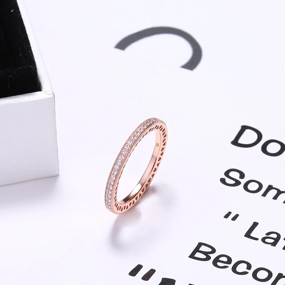 Rose/Gold/Silver Color Sterling Silver 925 Ring Hearts of Ring With Bling Zircon CZ Jewelry for Women Wedding Party Gift - Цвет основного камня: rose gold