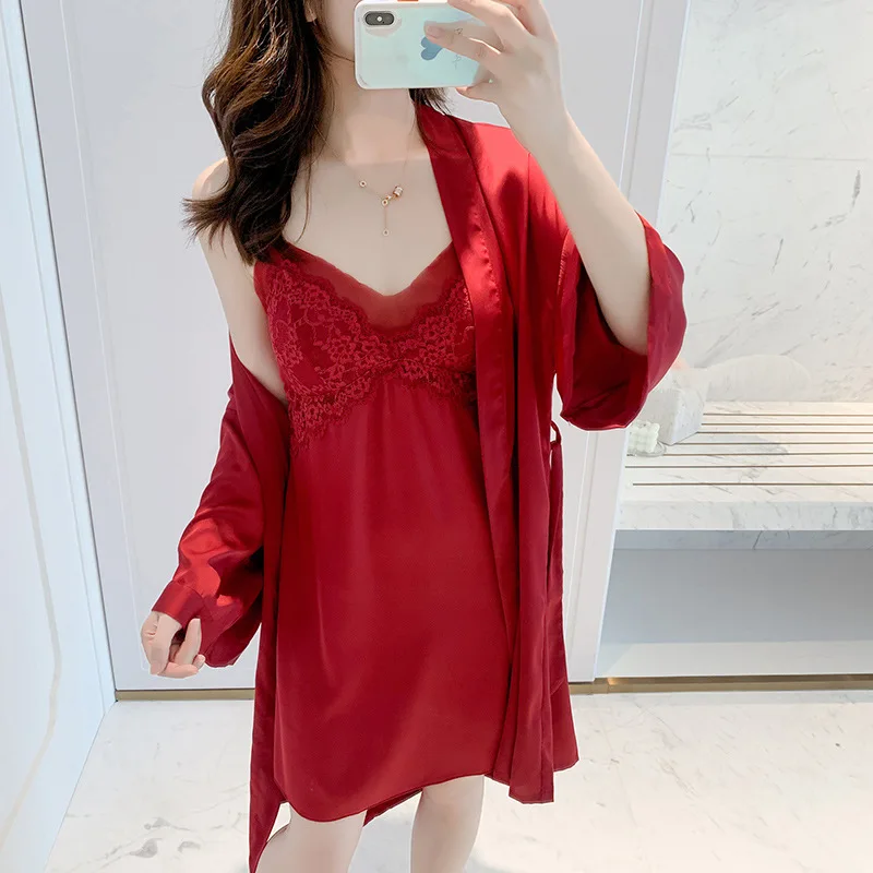 

Sexy Sleepwear Set Lace Robe Sets Women Silk Satin Nightdress Loungewear Kimono Bathrobe Nightgown Pajama Sleep Dress Homewear