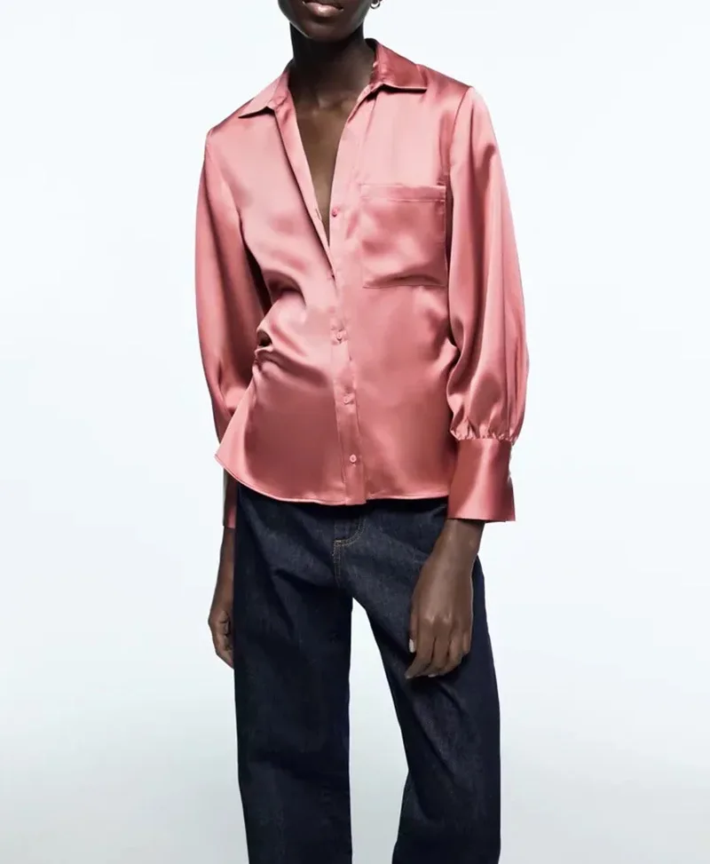 

Women Turn-down Collar Satin Shirt Tops Single Breasted Long Sleeve Pleated Simple Pink with Pocket Female Blouse Spring New