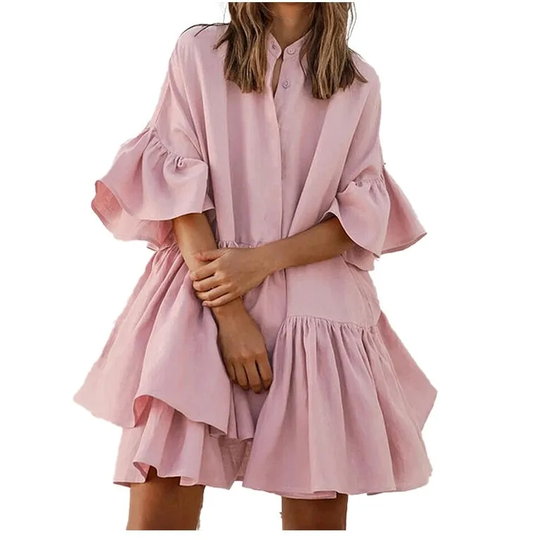 

Women Ruffles Mini Dress Plus Size Sexy O-neck Half Sleeve Casual Loose Shirt Dress summer Solid Pleated Vestidos