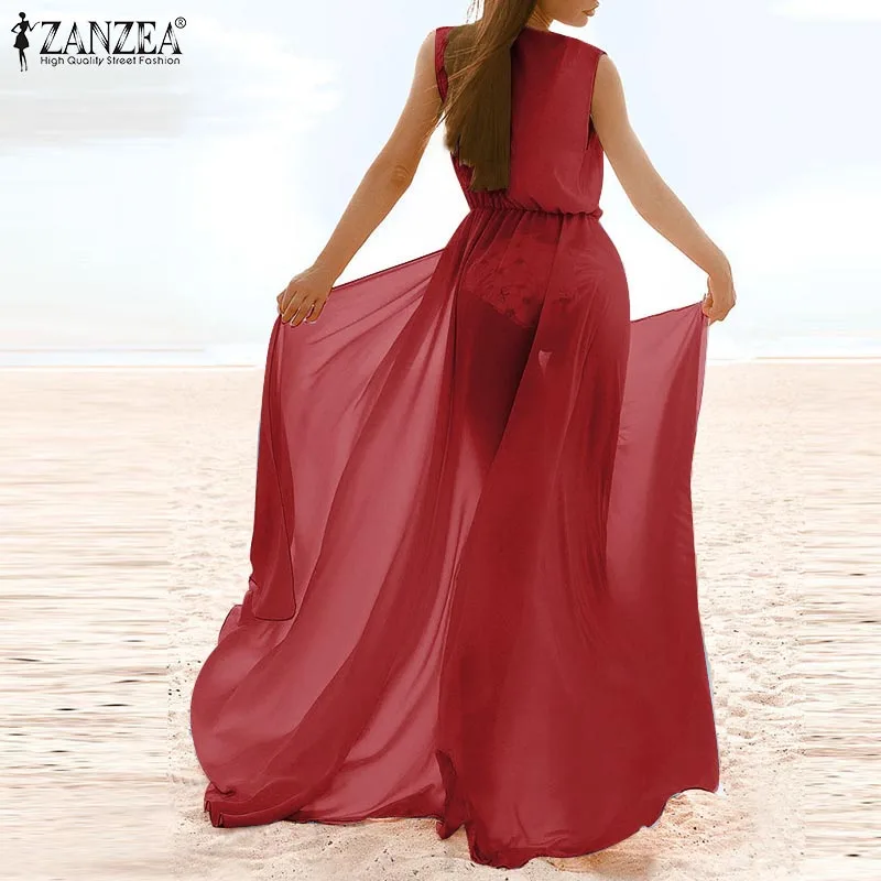 Fashion Women Lace Up ZANZEA Femme Blouses Casual Feminino Beach Cardigan Summer Solid Sleeveless Chemise Sundress Plus Size 5XL |