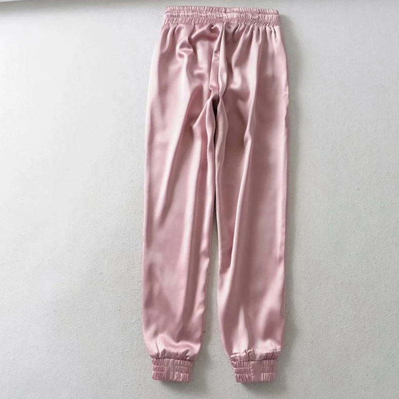 Новые атласные брюки с высокой талией Женские однотонные черные джоггеры