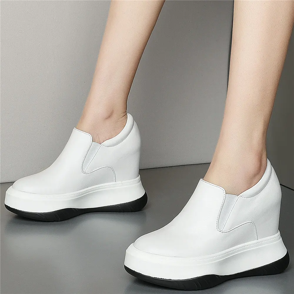 

11cm High Heel Platform Oxfords Shoes Women Genuine Leather Wedges Ankle Boots Female Round Toe Fashion Sneakers Casual Shoes