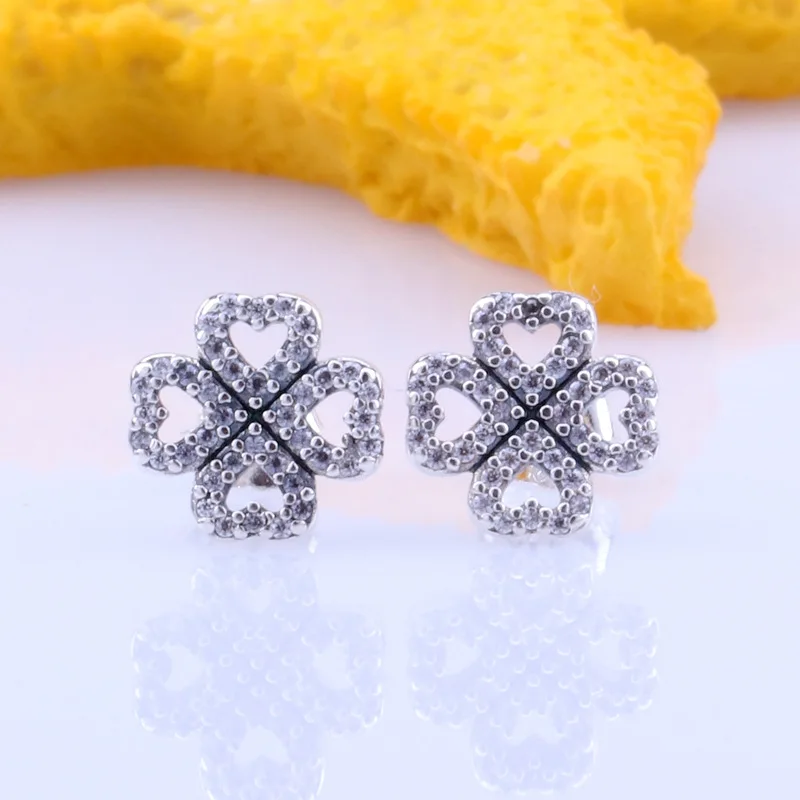 

925 Sterling Silver Pan Earring Clover Petals Of Love With Crystal Studs Earrings For Women Wedding Gift Fashion Jewelry