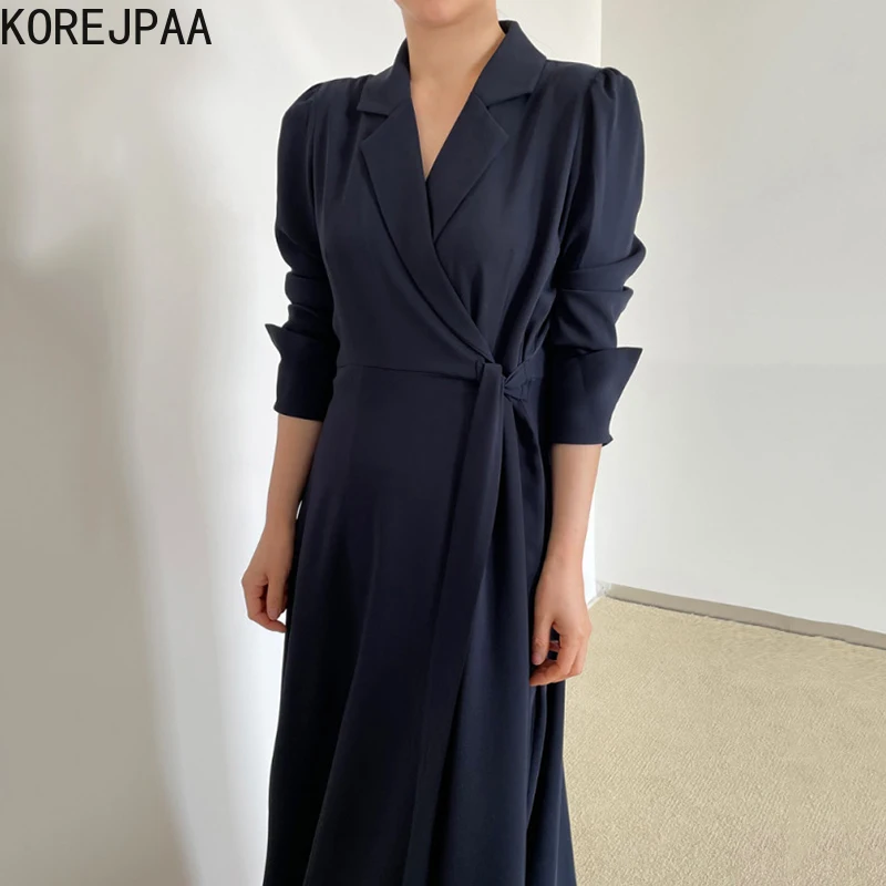 

Korejpaa Women Dress 2021 Early Autumn Korea Elegant Temperament Ladies Suit Collar Bandage Waist Drape Long-Sleeved Vestidos