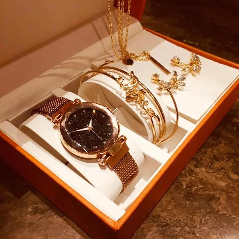 Модные часы набор для женщин розовое золото сетка магнит звездное небо кварцевые