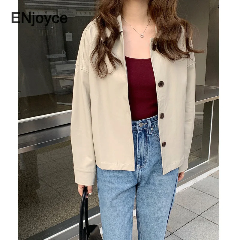 

Women Faux Soft PU Leather Loose Jacket Coat 2021 Spring Turn-down Collar Motorcycle Overcoat Outwear Rivet Punk Jackets