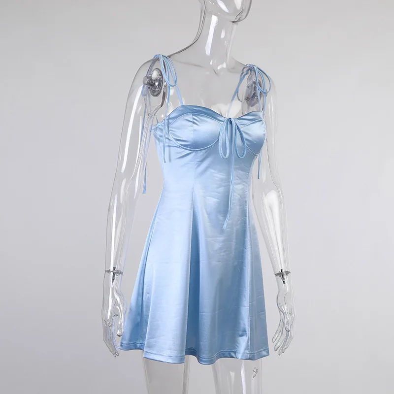 

WJFZQM Summer Women's 2021 Sexy Spaghetti Strap Strapless Dress Women Blue Sleeveless Mini Solid A-Line Short Dress Vestidos New