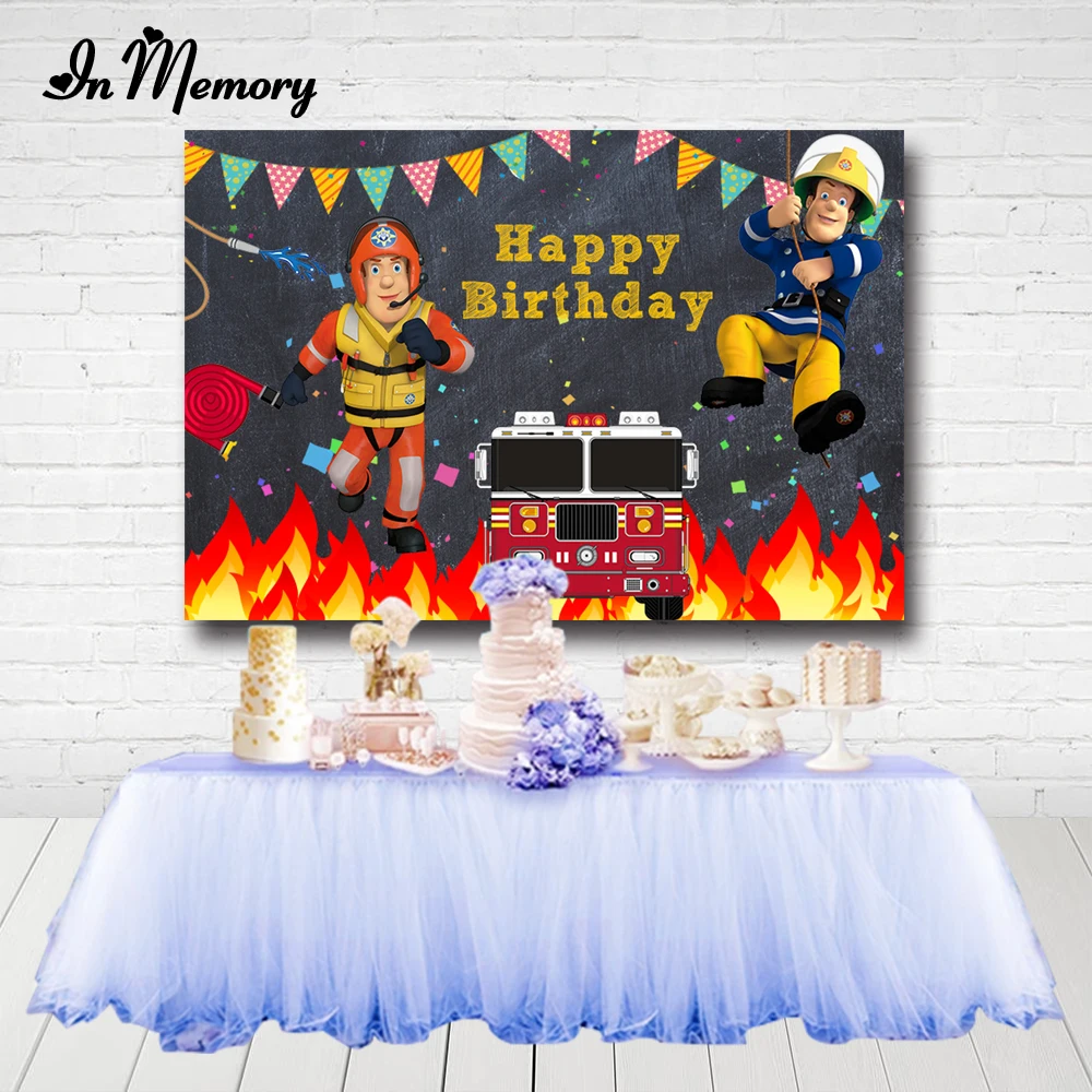 

InMemory Fireman Sam Photography Backdrop Boys Firefighter Engine Birthday Party Kids Photo Background Prop Booth Decoration