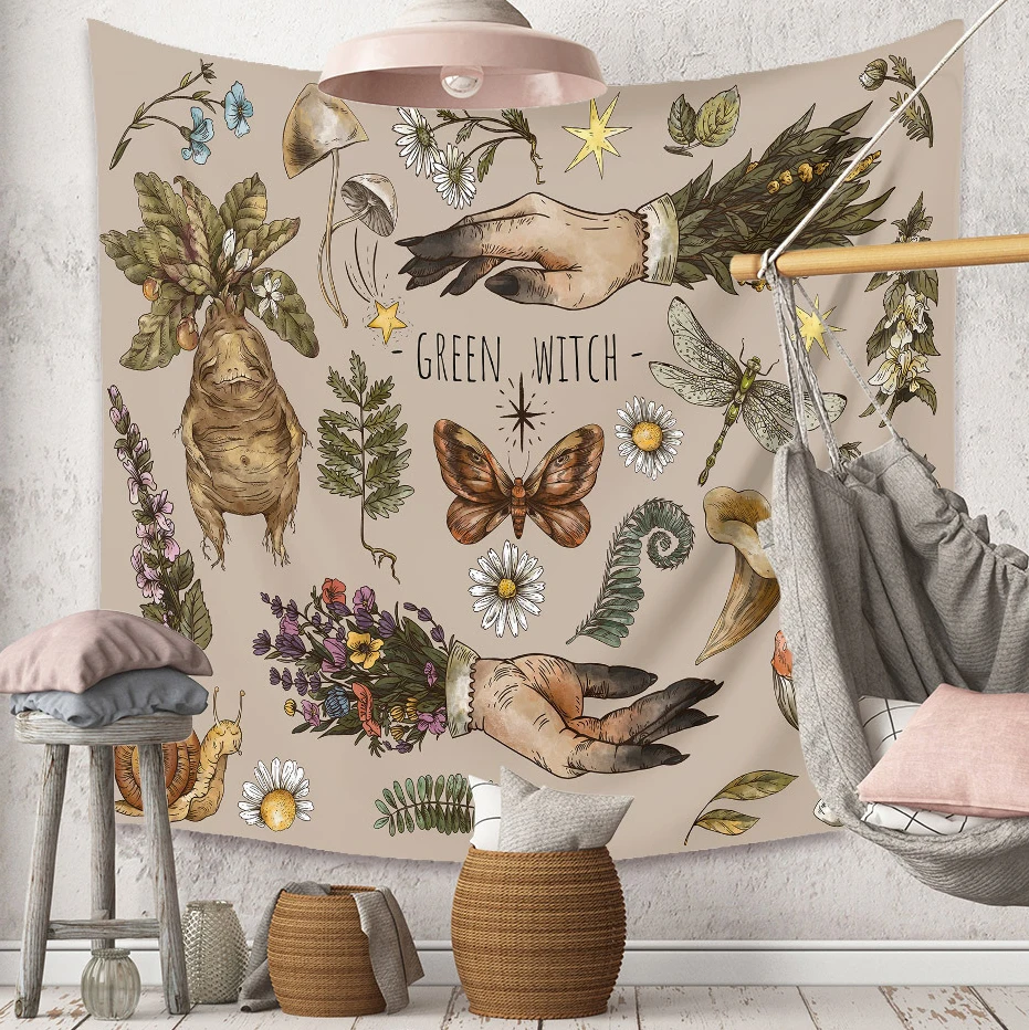 

Witchcraft Hand Tapestry Wall Hanging Floral Plant Pattern Hippie Dragonfly Mushroom Leaf Wall Carpet Boho Decoration Home Decor