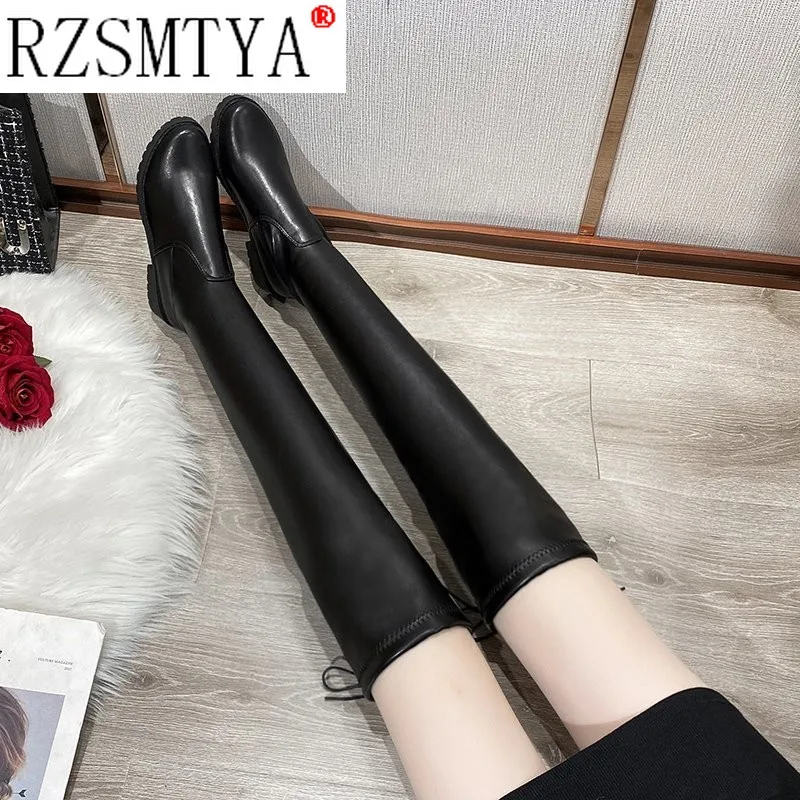 

Winter Women Keep Warm Solid Thigh High Boots Women's Shoes Simple Style Popular Cow Leathe Stretch Boots Round Toe High Heels