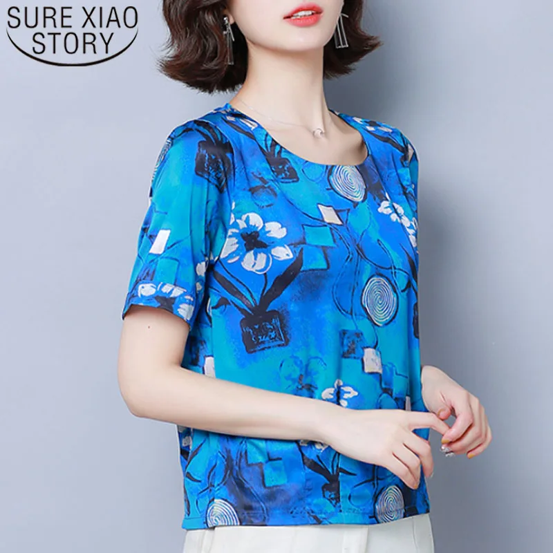 

блузки повседневные с принтом красные и синие женские топы с коротким летние женские рукавом с круглым вырезом Женская одежда офисные женс...