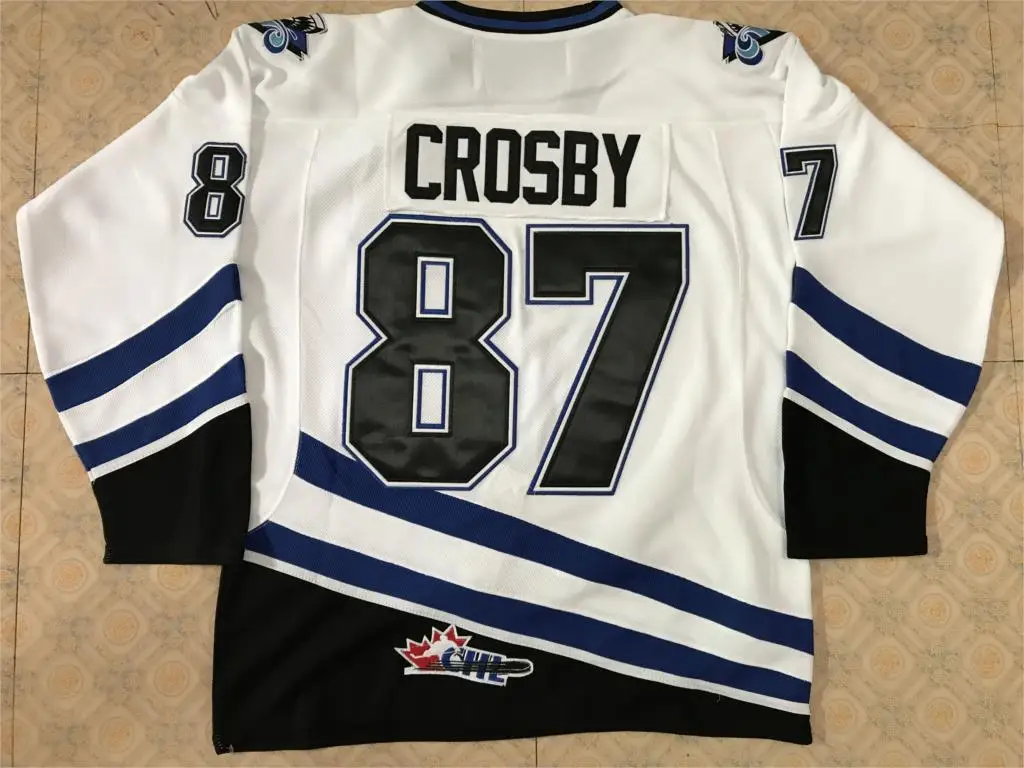 

87 sidney crosby oceanic rimouski branco azul masculino camisa de hquei bordado costurado personalizar qualquer nmero e nome