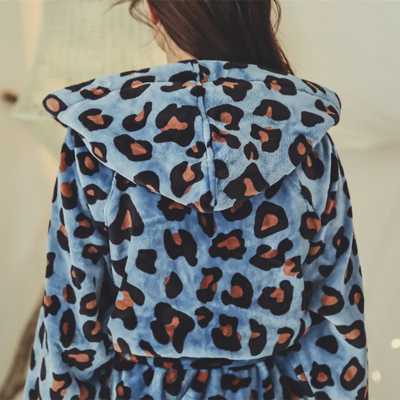 

Winter Bath Robe Women Girls Gift Yukata Robes Sexy Japanese Party Cardigan Leopard Print Sleepwear Fur Thicken Hooded Pajamas