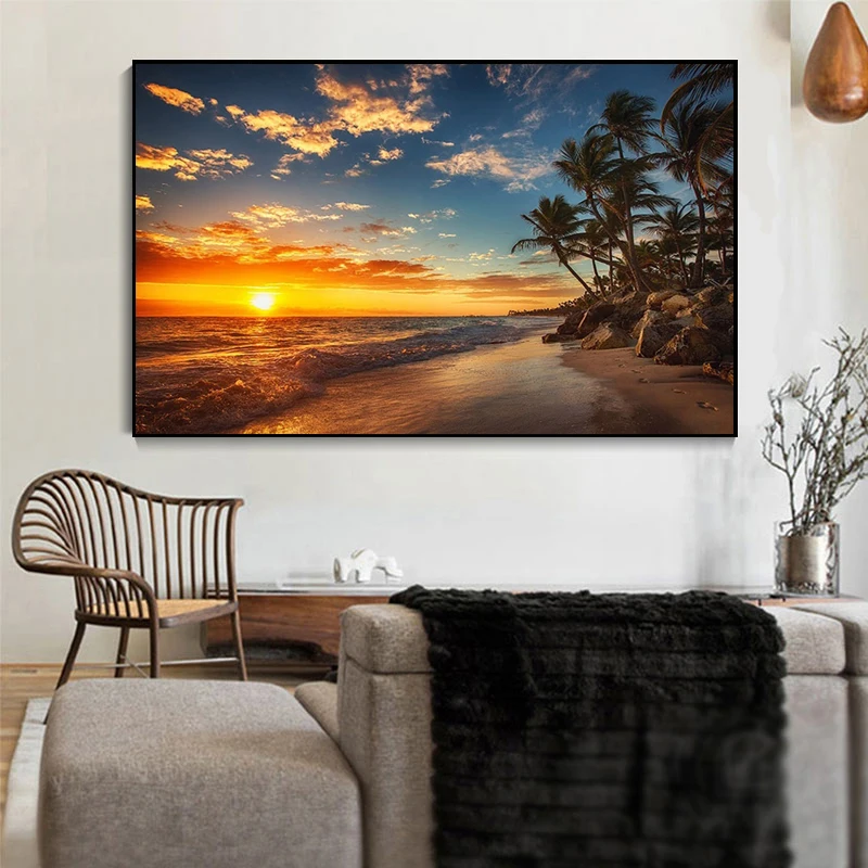 

Картина Закат пляж дерево морской пейзаж тропический остров восход солнца на холсте искусство для гостиной домашний декор плакат