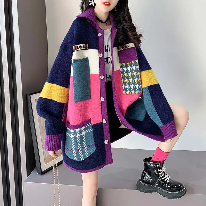 

Autumn Winter Women Long Cardigan 2021 Contrast Print Pocket Button Oversize Sweater Cardigan Female Street Jacket Coat
