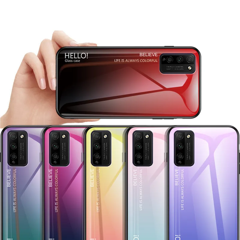 Градиентный чехол из закаленного стекла для Huawei Honor 30 Lite Цветной силиконовый