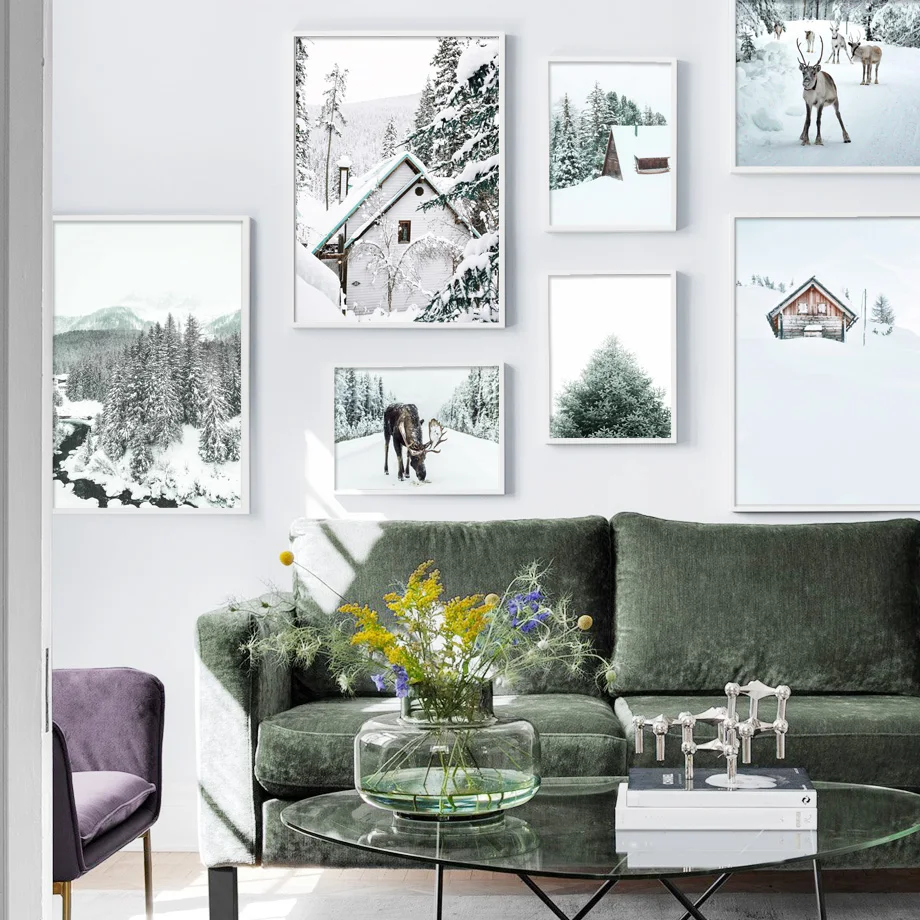 Зимний пейзаж снежные сосновые дома настенная живопись на холсте скандинавские