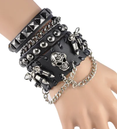 Мужской кожаный браслет с черепами модный в стиле хип хоп для мужчин и женщин