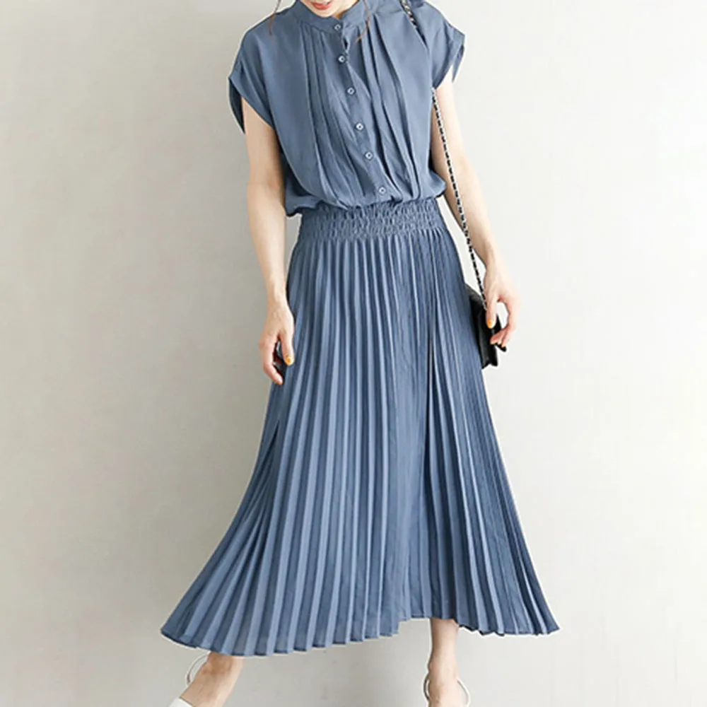 

Pleated Long Dress For Women Summer Short Sleeve Stand Collar Korean Japanese Causal Plain Dress Vestidos Preppy Style Dresses