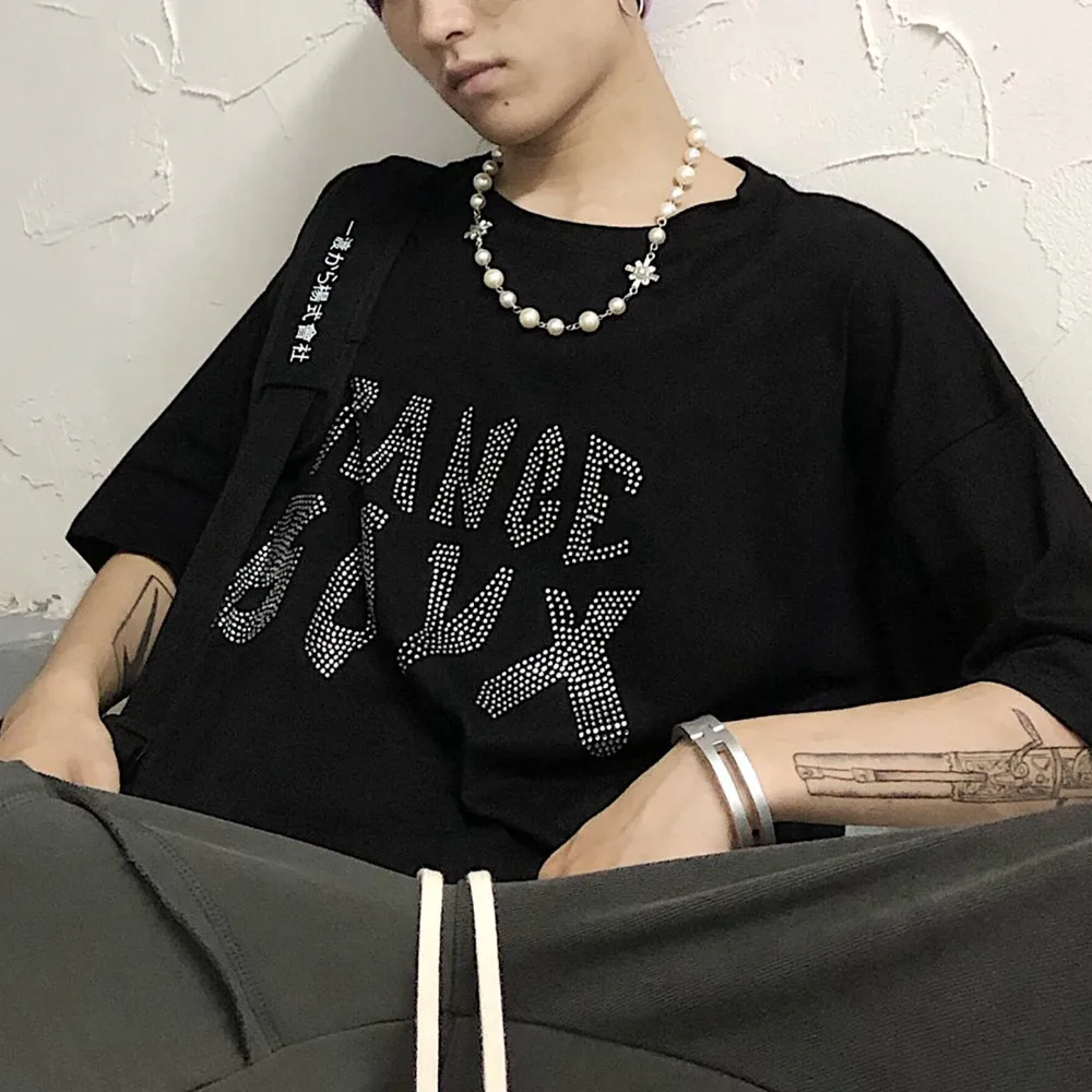 

Harajuku Wind Heavy Industry 3D Letters Hot Drilling Short-sleeved Couple T-shirt Loose Mid-length Street Style Tops