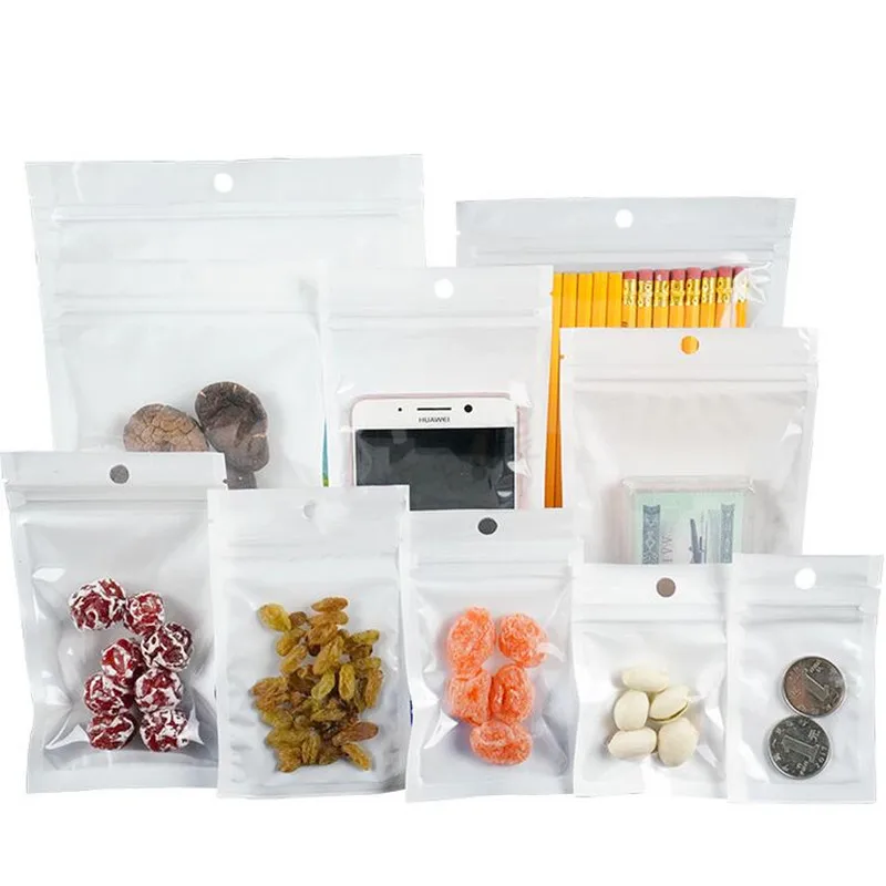 

50Pcs White/Clear Self Sealing Resealable Zipper Poly Storage Bags Food Small Parts Plastic Retail Gift Packaging Bags