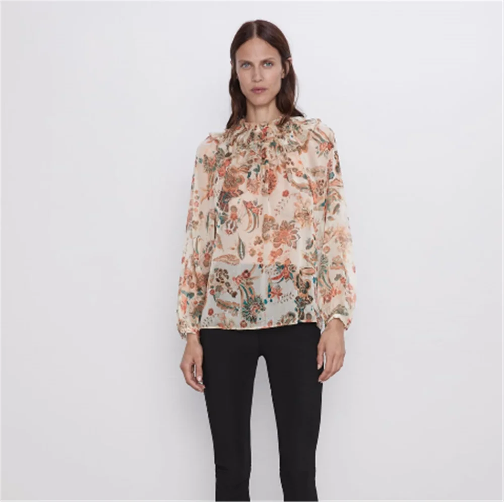 Женская ламинированная блузка ZA осенняя с декоративным цветочным принтом