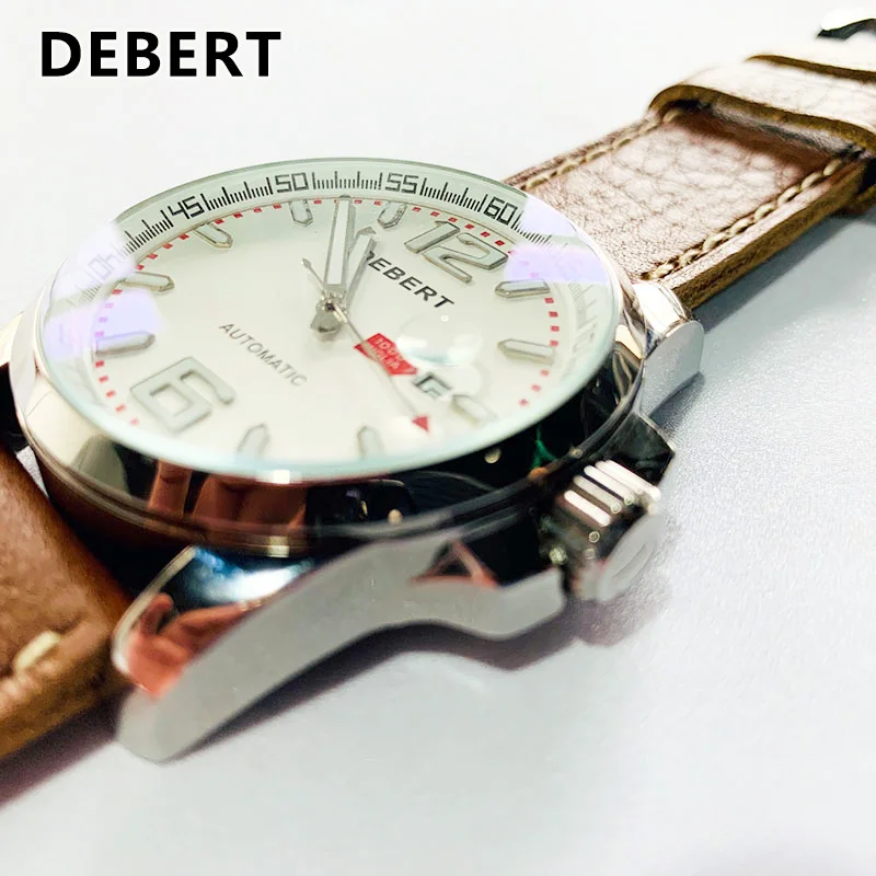 Автоматические Мужские часы DEBERT 44 мм из нержавеющей стали с белым циферблатом