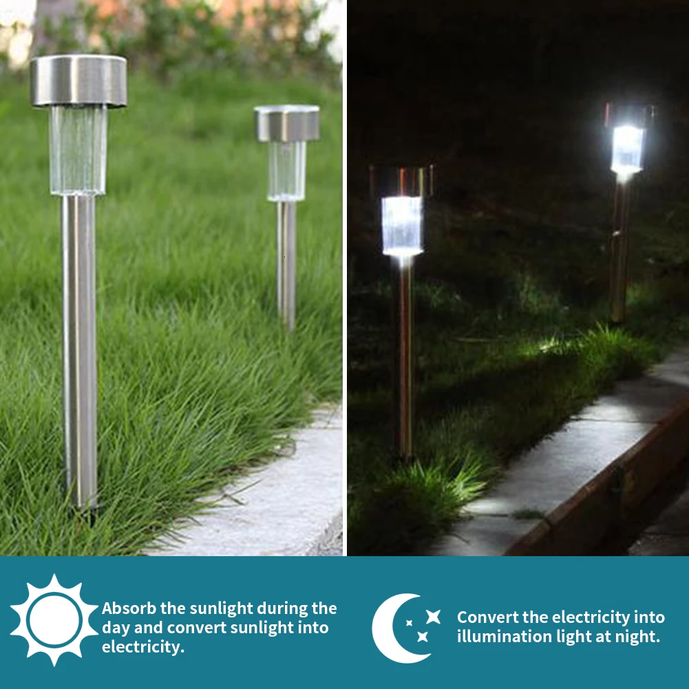 10pcs/lot Stainless Steel LED Solar Lawn Light For Garden Decor Outdoor Waterproof Bollard Stick Lights White Lamp  Лампы и