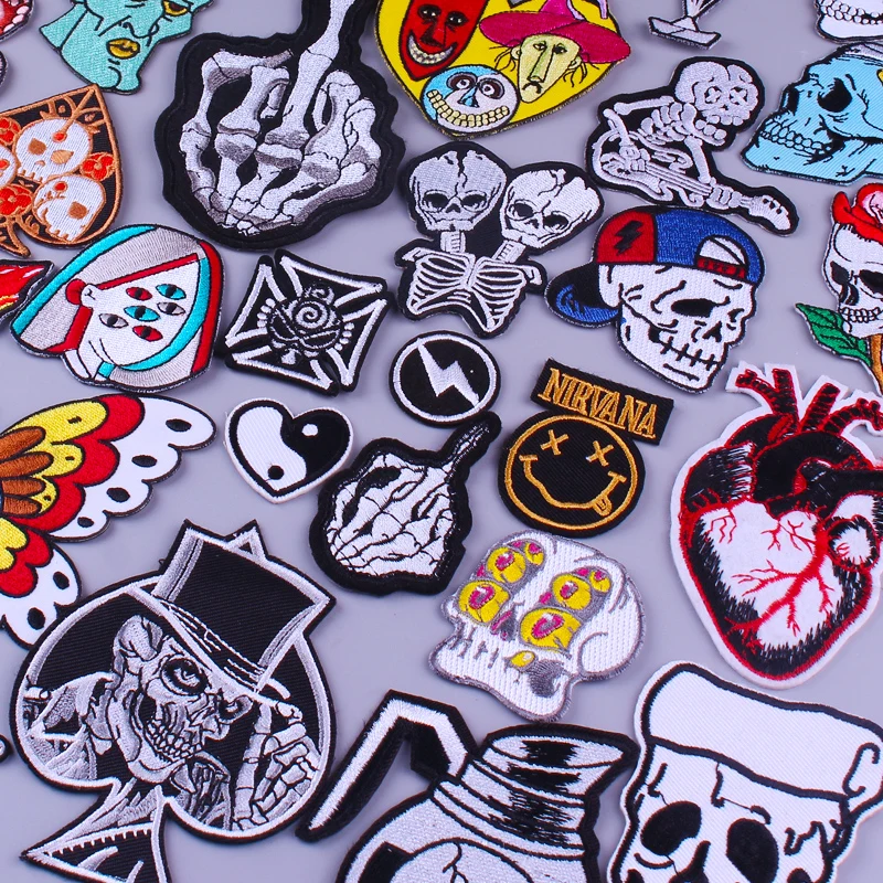 

Prajna Skull Patches Punk Style Embroidered Patches For Clothing DIY Iron On Patches On Clothes Applique Stripe Badges On Jacket