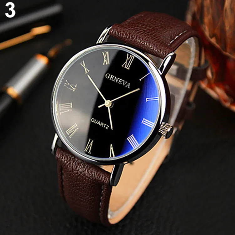

Hot,Women Watch Roman Numerals Blu-Ray Faux Leather Band Quartz Analog Business Wrist Watch montre homme