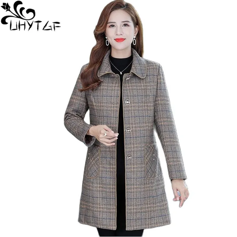 

UHYTGF Mid-Length Autumn Winter Trench Coat Womens Fashion Plaid Slim 5XL Big Size Overcoat Female Casual Mother Windbreaker 26