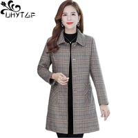 uhytgf mid length autumn winter trench coat womens fashion plaid slim 5xl big size overcoat female casual mother windbreaker 26